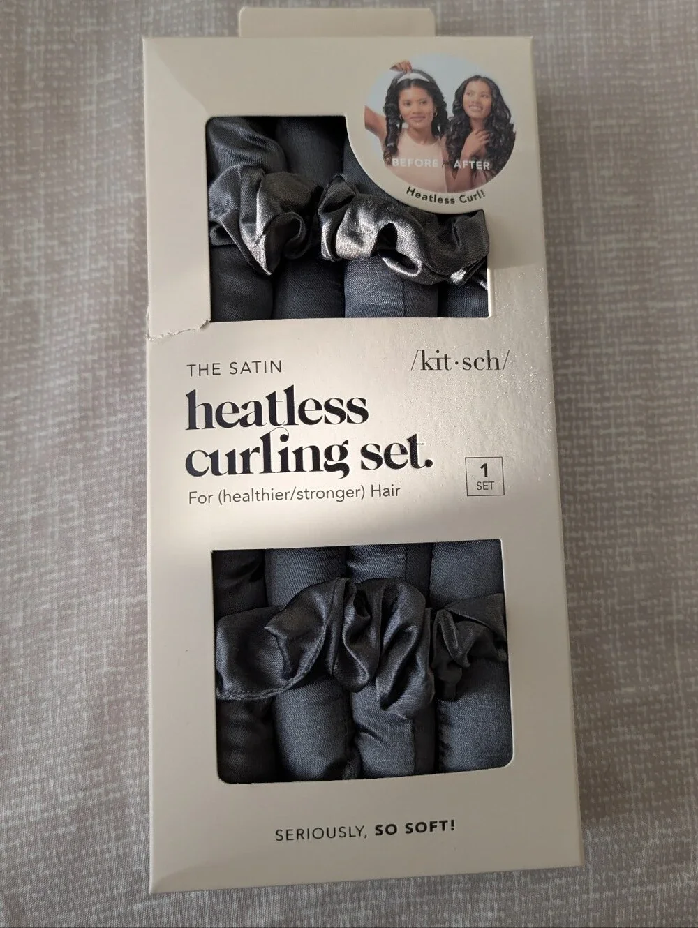 kitsch the satin heatless curling set in dark gray, brand new